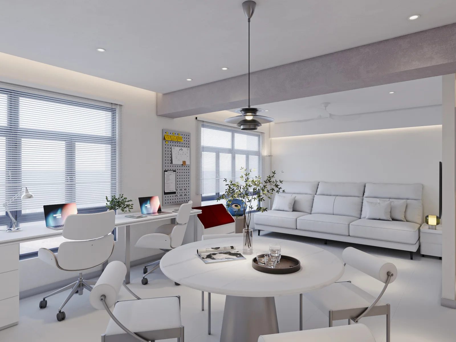 Photoreal 3D render of the living and dining area with a study nook